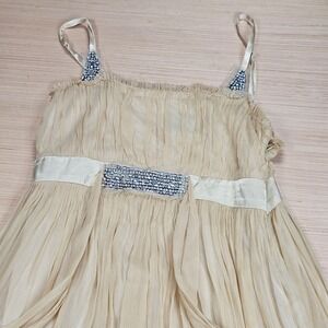 Shulami Silk Beaded Mini Dress Women L Beige Empire Waist Chiffon Party SZ56